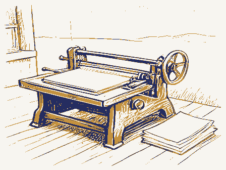 Decorative drawing: a hand-operated flatbed printing press in a small workshop, its lever, bed and ink rollers,.... Not a photograph of this place.