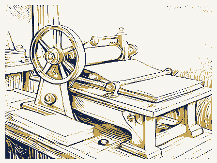 Decorative drawing: a hand-operated flatbed printing press in a small workshop, its lever, bed and ink rollers,.... Not a photograph of this place.