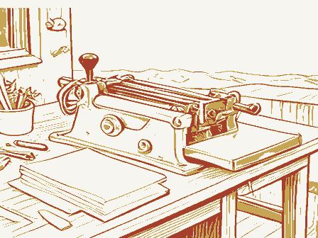Decorative drawing: a hand-operated flatbed printing press in a small workshop, its lever, bed and ink rollers,.... Not a photograph of this place.