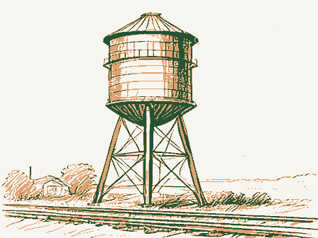 Decorative drawing: a tall water tower on latticed legs with a conical roof beside a rail line. Not a photograph of this place.