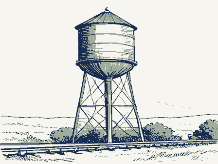 Decorative drawing: a tall water tower on latticed legs with a conical roof beside a rail line. Not a photograph of this place.