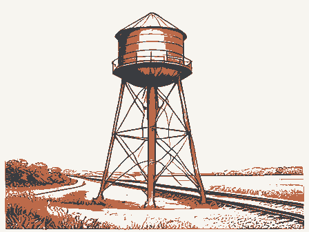 Decorative drawing: a tall water tower on latticed legs with a conical roof beside a rail line. Not a photograph of this place.