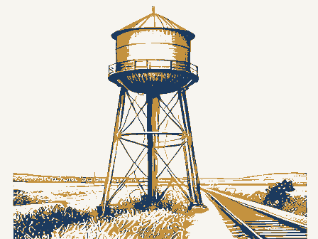 Decorative drawing: a tall water tower on latticed legs with a conical roof beside a rail line. Not a photograph of this place.