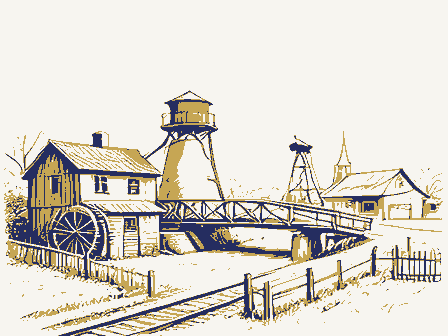 Decorative drawing: a farm township drawn in detail. Not a photograph of this place.