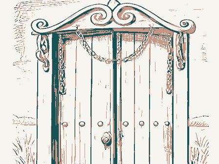 Decorative drawing: an ornate wrought-iron bracket with hanging chains over a studded plank door. Not a photograph of this place.