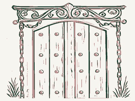 Decorative drawing: an ornate wrought-iron bracket with hanging chains over a studded plank door. Not a photograph of this place.