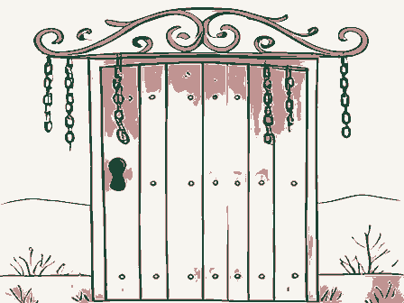 Decorative drawing: an ornate wrought-iron bracket with hanging chains over a studded plank door. Not a photograph of this place.