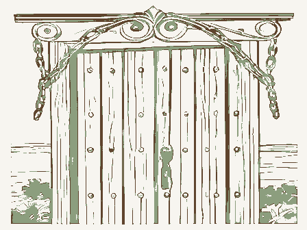 Decorative drawing: an ornate wrought-iron bracket with hanging chains over a studded plank door. Not a photograph of this place.