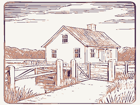 Decorative drawing: a lock keeper's house beside canal lock gates with balance beams. Not a photograph of this place.