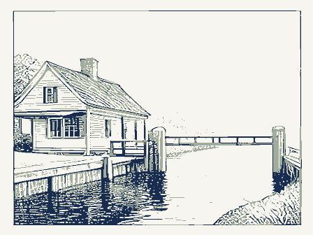 Decorative drawing: a lock keeper's house beside canal lock gates with balance beams. Not a photograph of this place.