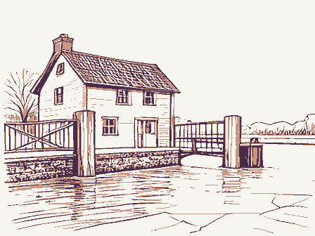 Decorative drawing: a lock keeper's house beside canal lock gates with balance beams. Not a photograph of this place.