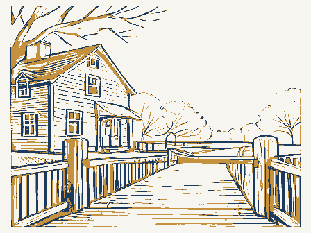 Decorative drawing: a lock keeper's house beside canal lock gates with balance beams. Not a photograph of this place.