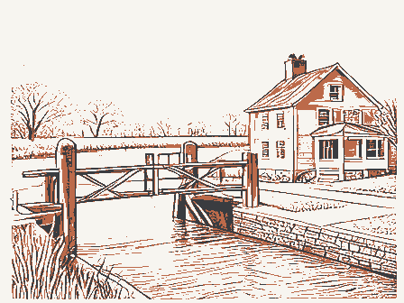 Decorative drawing: a lock keeper's house beside canal lock gates with balance beams. Not a photograph of this place.