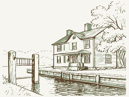 Decorative drawing: a lock keeper's house beside canal lock gates with balance beams. Not a photograph of this place.