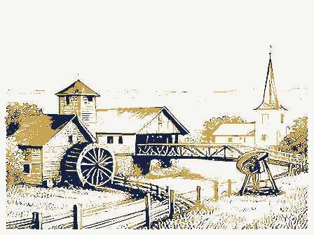 Decorative drawing: a farm township drawn in detail. Not a photograph of this place.