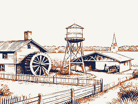 Decorative drawing: a farm township drawn in detail. Not a photograph of this place.