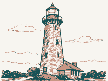Decorative drawing: a tall brick lighthouse with a lantern gallery, spiral stair windows and a keeper's cottage.... Not a photograph of this place.