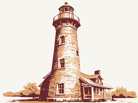 Decorative drawing: a tall brick lighthouse with a lantern gallery, spiral stair windows and a keeper's cottage.... Not a photograph of this place.