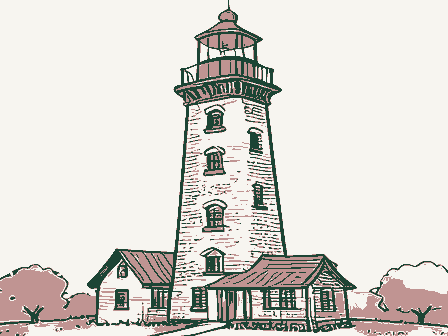Decorative drawing: a tall brick lighthouse with a lantern gallery, spiral stair windows and a keeper's cottage.... Not a photograph of this place.