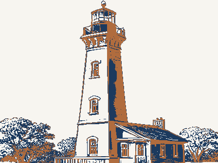 Decorative drawing: a tall brick lighthouse with a lantern gallery, spiral stair windows and a keeper's cottage.... Not a photograph of this place.