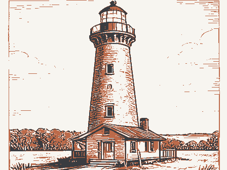 Decorative drawing: a tall brick lighthouse with a lantern gallery, spiral stair windows and a keeper's cottage.... Not a photograph of this place.