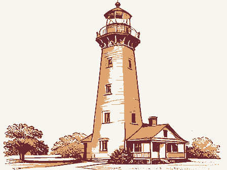 Decorative drawing: a tall brick lighthouse with a lantern gallery, spiral stair windows and a keeper's cottage.... Not a photograph of this place.