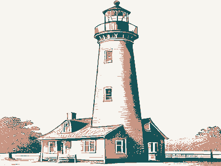 Decorative drawing: a tall brick lighthouse with a lantern gallery, spiral stair windows and a keeper's cottage.... Not a photograph of this place.