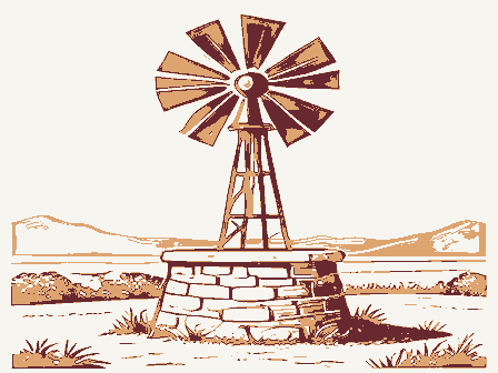 Decorative drawing: a farm wind pump with a many-bladed fan over a stone well head. Not a photograph of this place.