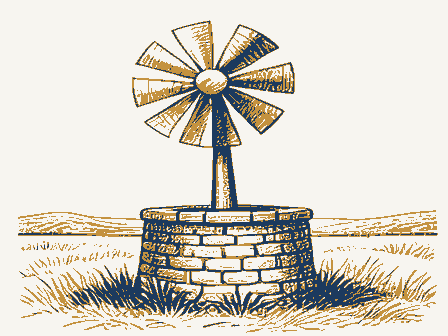 Decorative drawing: a farm wind pump with a many-bladed fan over a stone well head. Not a photograph of this place.