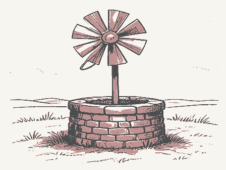 Decorative drawing: a farm wind pump with a many-bladed fan over a stone well head. Not a photograph of this place.
