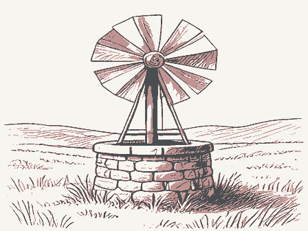 Decorative drawing: a farm wind pump with a many-bladed fan over a stone well head. Not a photograph of this place.