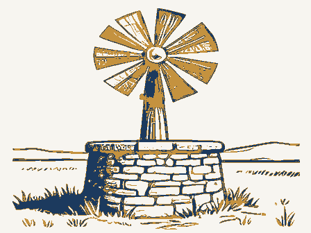 Decorative drawing: a farm wind pump with a many-bladed fan over a stone well head. Not a photograph of this place.