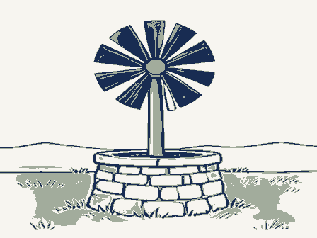 Decorative drawing: a farm wind pump with a many-bladed fan over a stone well head. Not a photograph of this place.