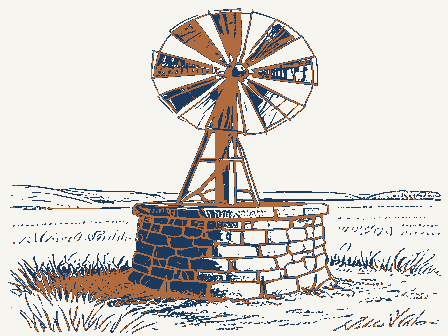 Decorative drawing: a farm wind pump with a many-bladed fan over a stone well head. Not a photograph of this place.