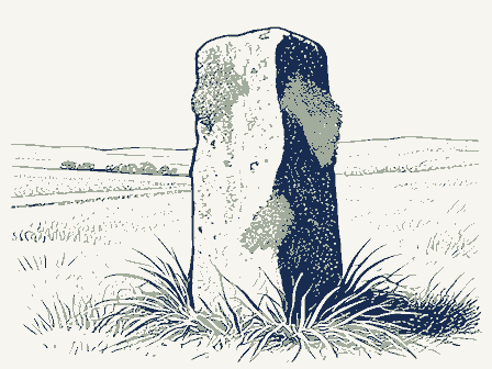 Decorative drawing: a weathered stone boundary post leaning slightly at a roadside, moss on its shoulder and.... Not a photograph of this place.