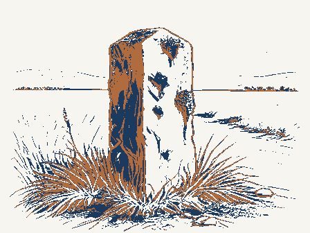 Decorative drawing: a weathered stone boundary post leaning slightly at a roadside, moss on its shoulder and.... Not a photograph of this place.