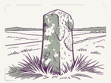 Decorative drawing: a weathered stone boundary post leaning slightly at a roadside, moss on its shoulder and.... Not a photograph of this place.