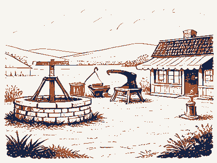 Decorative drawing: a village crossroads. Not a photograph of this place.