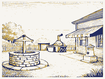 Decorative drawing: a village crossroads. Not a photograph of this place.