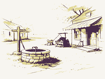 Decorative drawing: a village crossroads. Not a photograph of this place.