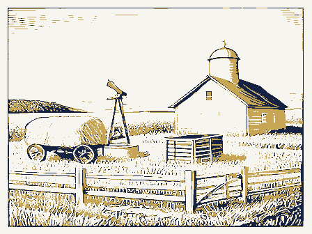 Decorative drawing: open farmland. Not a photograph of this place.