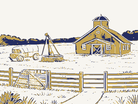 Decorative drawing: open farmland. Not a photograph of this place.