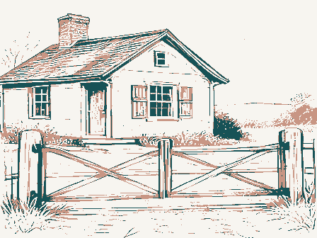 Decorative drawing: a toll house with a weighted gate bar across a plank road, its keeper's window shuttered. Not a photograph of this place.