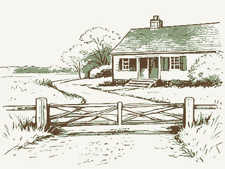 Decorative drawing: a toll house with a weighted gate bar across a plank road, its keeper's window shuttered. Not a photograph of this place.