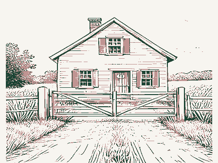 Decorative drawing: a toll house with a weighted gate bar across a plank road, its keeper's window shuttered. Not a photograph of this place.