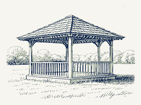 Decorative drawing: a bandstand gazebo with a shingled roof on a town green. Not a photograph of this place.