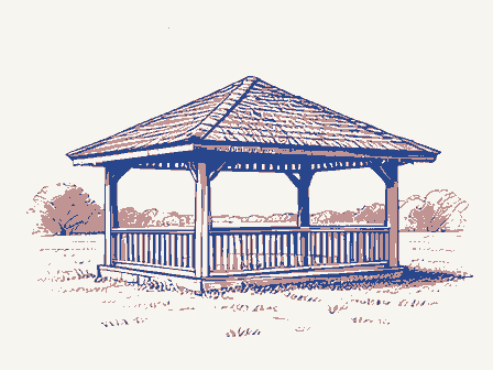 Decorative drawing: a bandstand gazebo with a shingled roof on a town green. Not a photograph of this place.