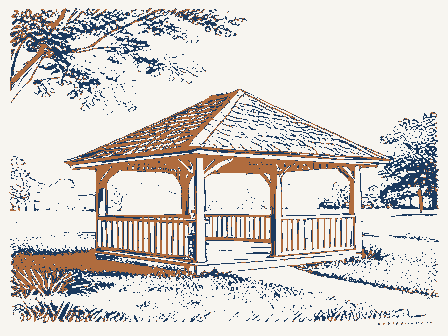 Decorative drawing: a bandstand gazebo with a shingled roof on a town green. Not a photograph of this place.