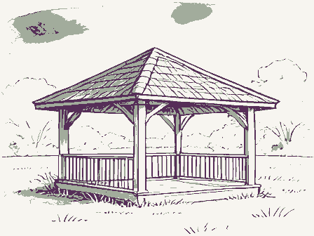 Decorative drawing: a bandstand gazebo with a shingled roof on a town green. Not a photograph of this place.