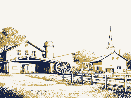 Decorative drawing: a farm township drawn in detail. Not a photograph of this place.